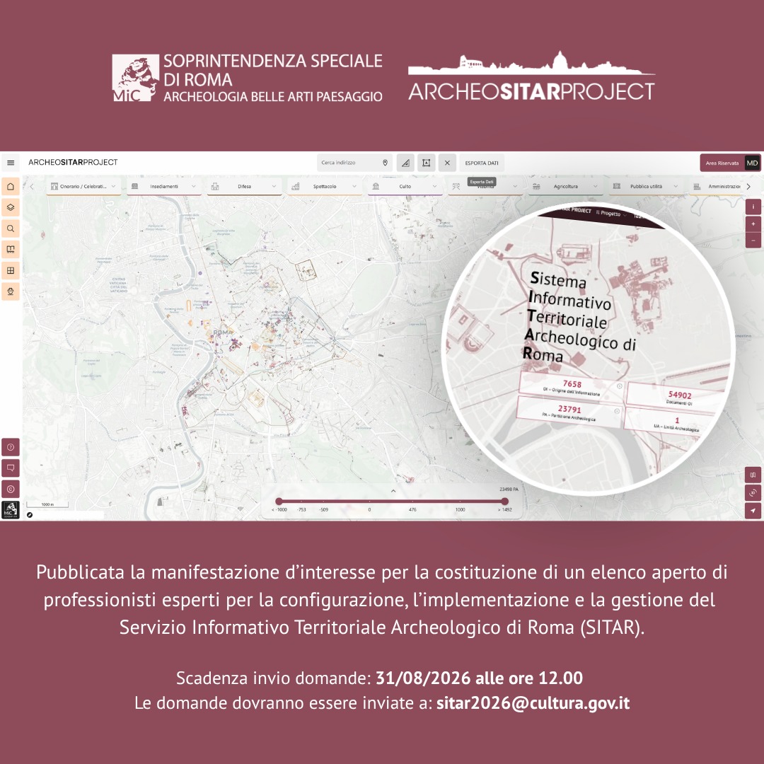📌Pubblicato l’avviso pubblico per la costituzione di un elenco di esperti nei profili professionali per la gestione e l’implementazione del Servizio Informativo Territoriale Archeologico (SITAR).